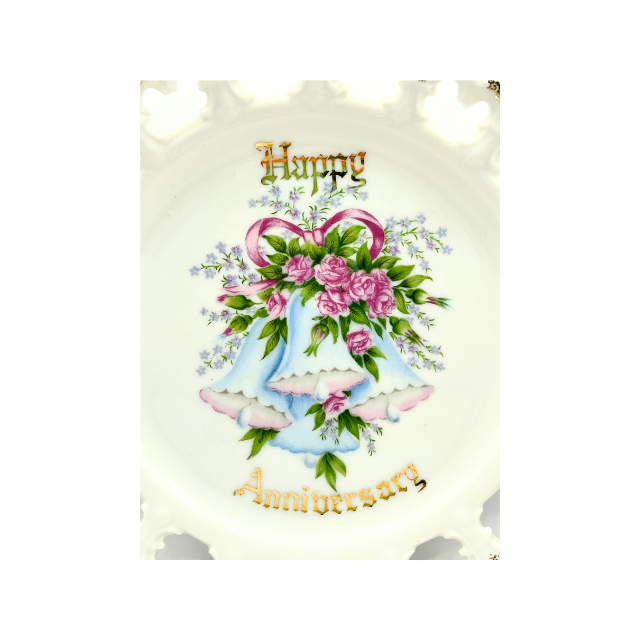 MCM Norcrest Fine China Happy Anniversary Celebration 8" Plate with Floral, Bells, Ribbons, and Gold Accents