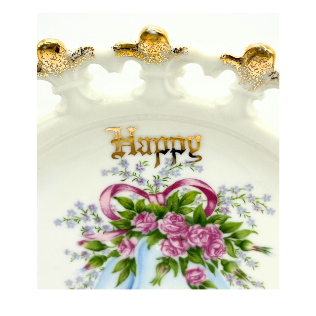 MCM Norcrest Fine China Happy Anniversary Celebration 8" Plate with Floral, Bells, Ribbons, and Gold Accents