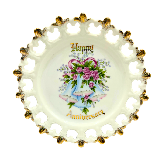 MCM Norcrest Fine China Happy Anniversary Celebration 8" Plate with Floral, Bells, Ribbons, and Gold Accents