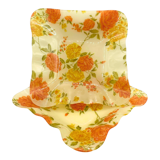 MCM Decorative Acrylic Collectible Tray /Bowls Vibrant Floral Pattern Ruffled Curved Edge- Set of 2