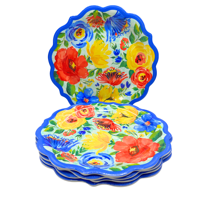 Pioneer Woman Delaney Melamine Cobalt Blue Dinner Plates Ruffled Edge 10.75" Set of 5