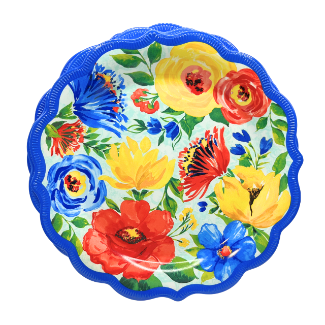 Pioneer Woman Delaney Melamine Cobalt Blue Dinner Plates Ruffled Edge 10.75" Set of 5