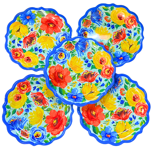 Pioneer Woman Delaney Melamine Cobalt Blue Dinner Plates Ruffled Edge 10.75" Set of 5