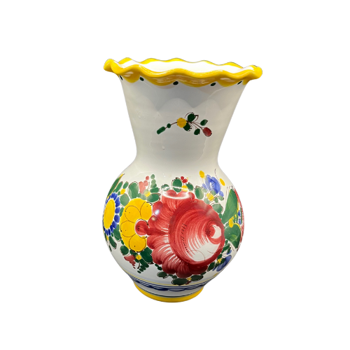 Vintage Signed  Czechoslovakian Handcrafted Red Clay Vase with Painted Floral Design