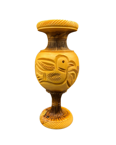 Vintage 7" Olive Wood Handcrafted Tapered Candle Stick Holder with Birds and Palm Leaves