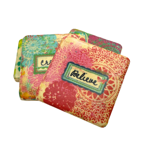 Christy Tomlinson Designs Motivating Coasters Cork Backing New Set of 4