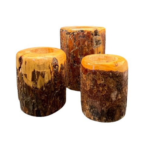 Set of 3 Handcrafted Rustic Raw Pine Wood Tea Light Holders