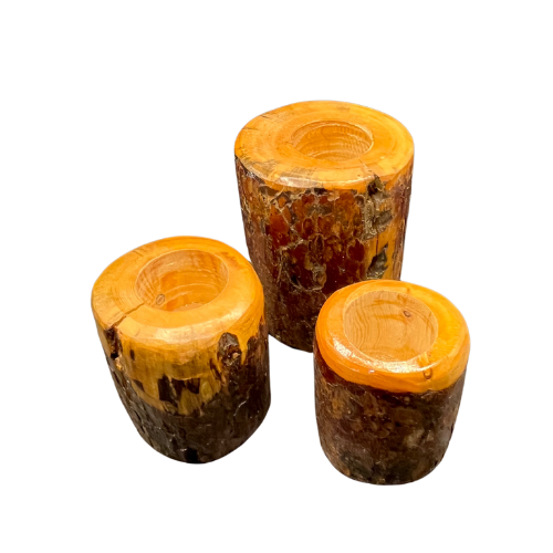Set of 3 Pine Wood Tealight Candle Holders