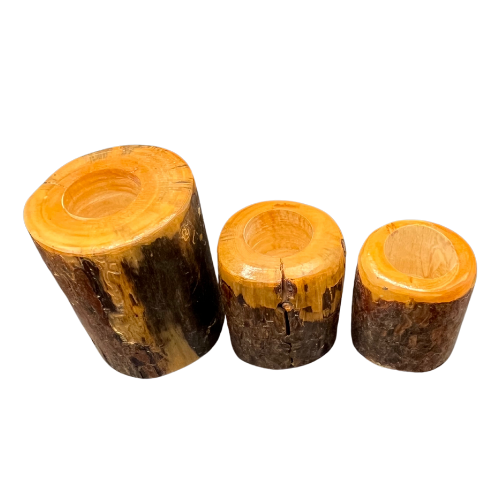 Set of 3 Pine Wood Tealight Candle Holders