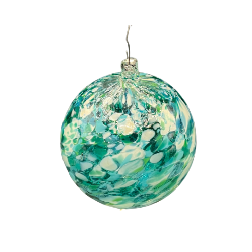 Hand Blown Studio Art Glass Ornament Blue Green and White Splatter Swirl Pattern