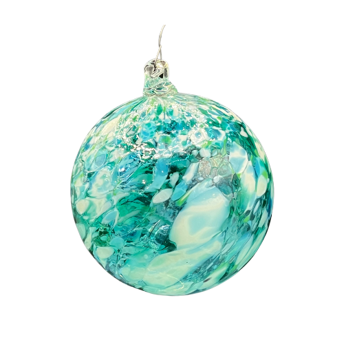 Hand Blown Studio Art Glass Ornament Blue Green and White Splatter Swirl Pattern