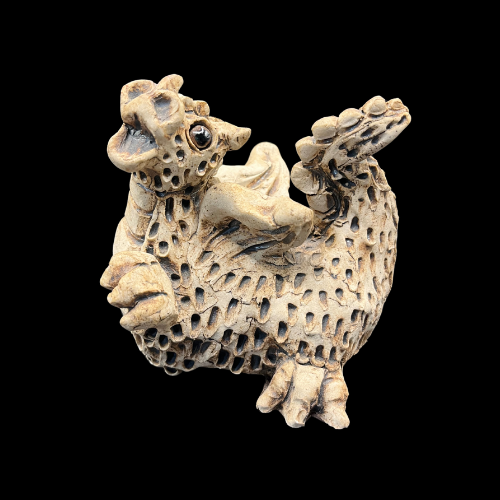 Unique Signed Hand Made Pottery Dragon with Glass Eyes and Scale Texture