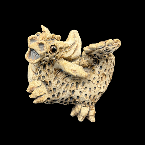 Unique Signed Hand Made Pottery Dragon with Glass Eyes and Scale Texture