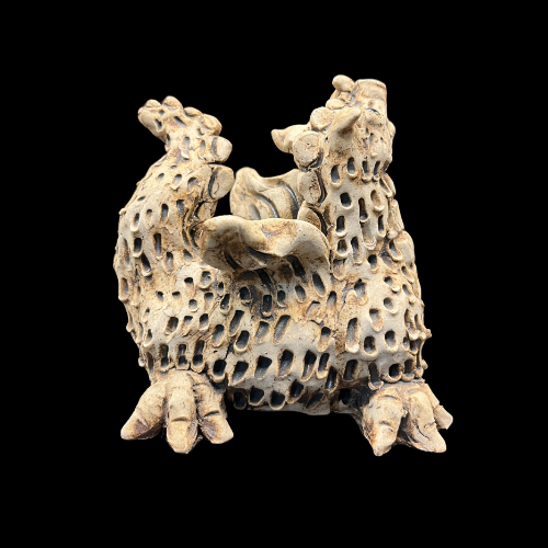 Unique Signed Hand Made Pottery Dragon with Glass Eyes and Scale Texture