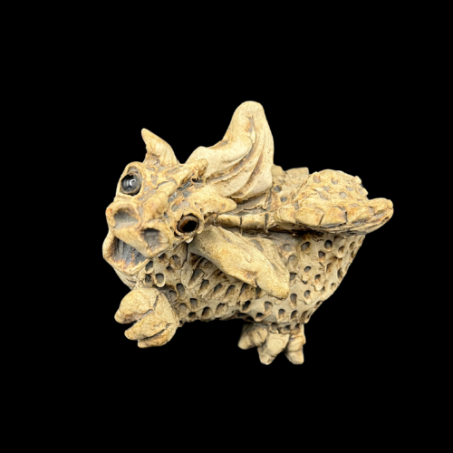 Unique Signed Hand Made Pottery Dragon with Glass Eyes and Scale Texture