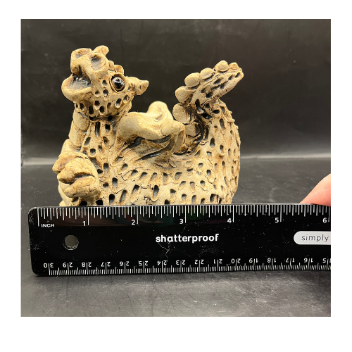 Unique Signed Hand Made Pottery Dragon with Glass Eyes and Scale Texture