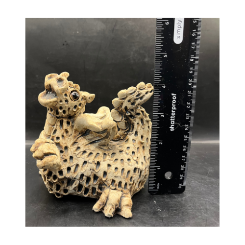 Unique Signed Hand Made Pottery Dragon with Glass Eyes and Scale Texture