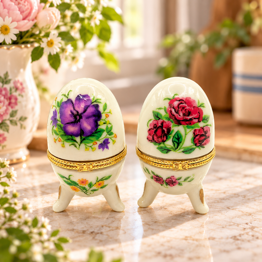 Pair of Two Vintage Hinged Porcelain Egg Trinket Boxes Gilded Gold Trim & Spring Floral Design