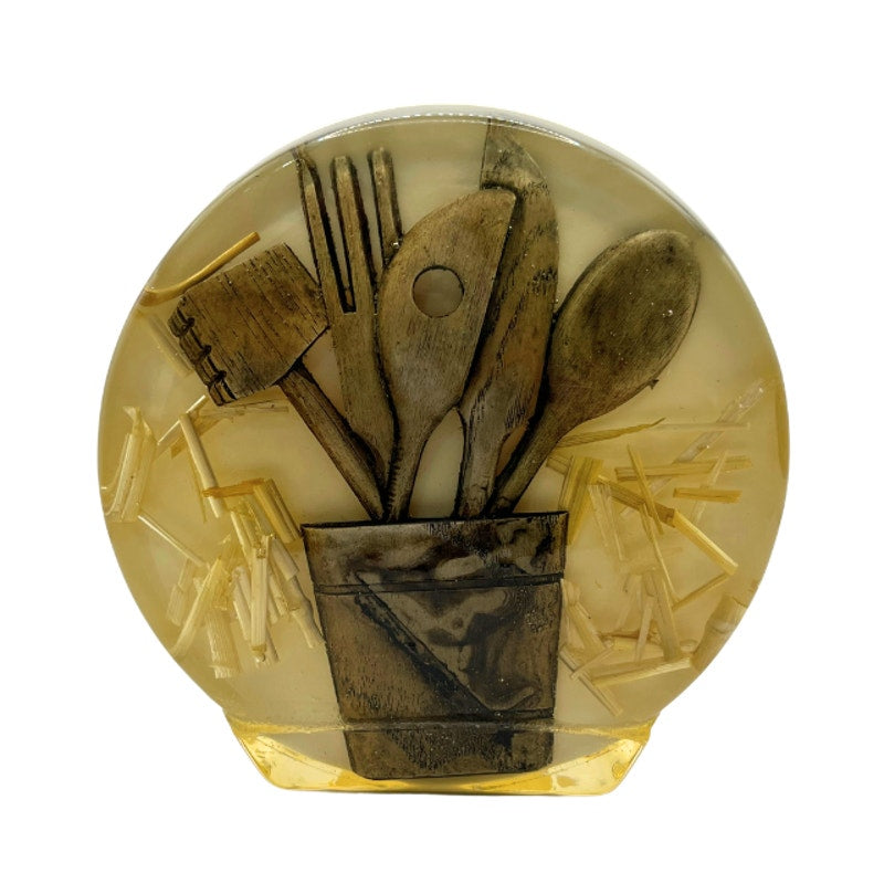 Vintage 1970s Lucite Resin Encased Kitchen Utensils Napkin Holder Retro Straw