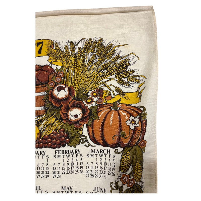 Vintage 1977 Harvest Calendar Tea Towel Fall Fruits Wall Hanging Linen