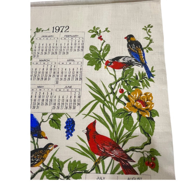 Vintage 1972 Songbirds Calendar Tea Towel Floral Bird Kitchen Wall Hanging Linen