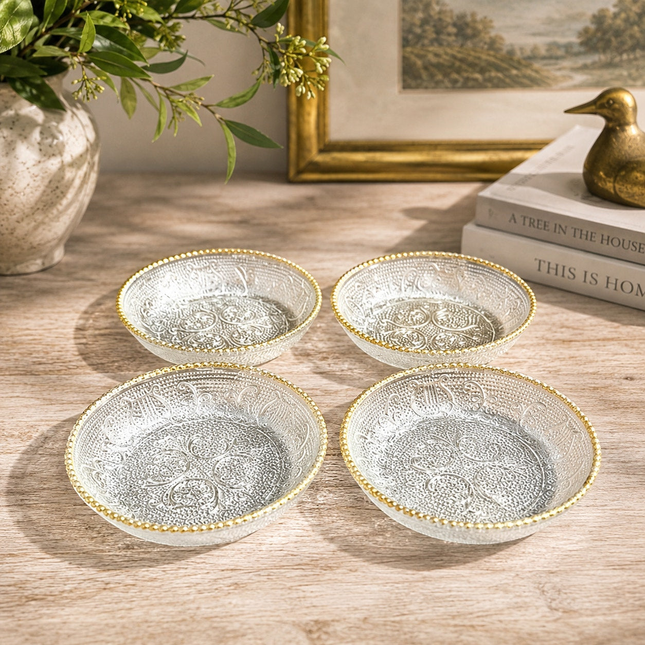Vintage MCM Jeannette Glass Harp Ashtrays Coasters Gold Tone Beaded 1950s