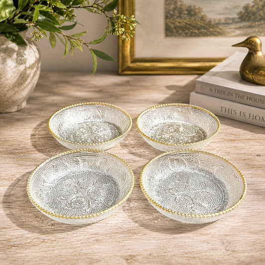 Vintage MCM Jeannette Glass Harp Ashtrays Coasters Gold Tone Beaded 1950s