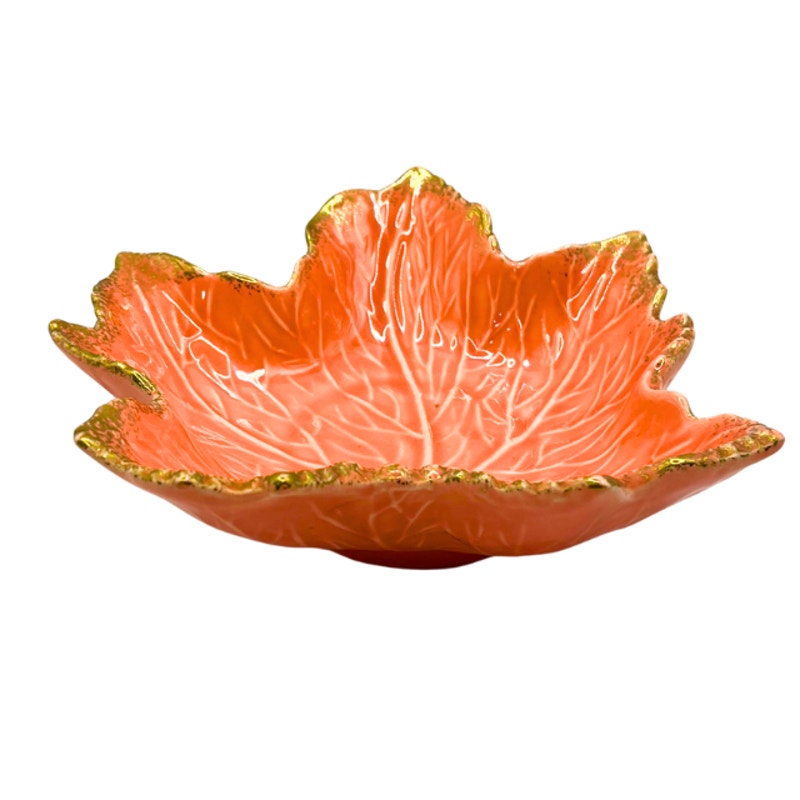 VTG California Pottery Maple Leaf Dish Coral Orange With Gold Trim USA 727
