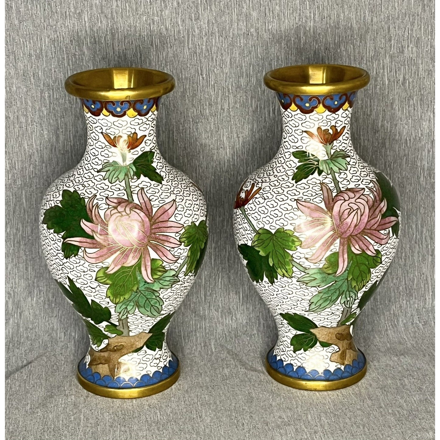 Pair Vintage White Cloisonne Vases Blue Pink Floral 6.5" Tall