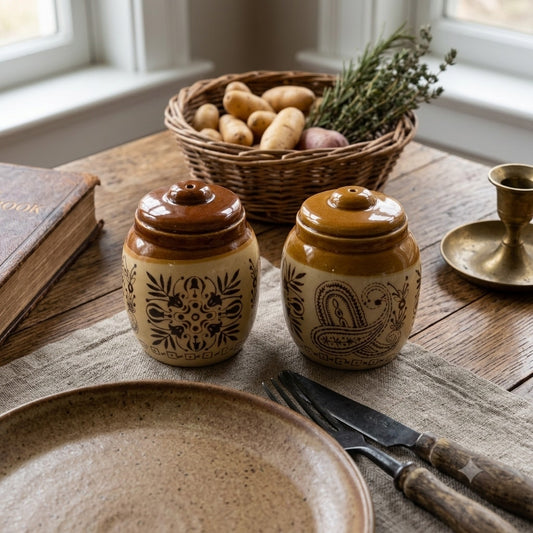 Vintage Crock Salt Pepper Shakers 3.5" Honey Pot Pottery Country Home Decor