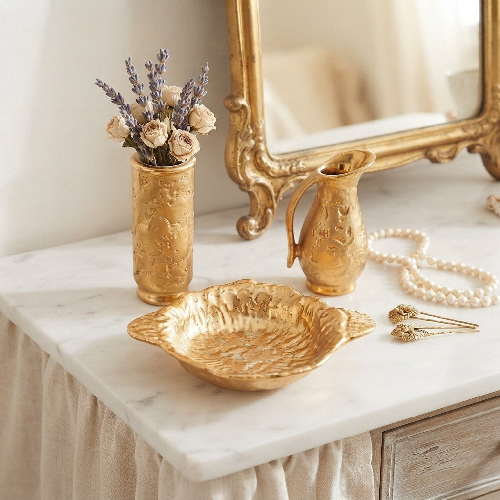Vintage 22K Weeping Gold Miniature Pitcher Wash Basin Floral Vase Set