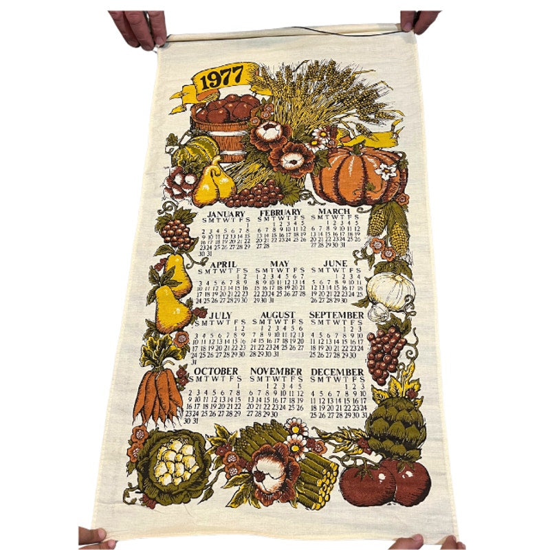 Vintage 1977 Harvest Calendar Tea Towel Fall Fruits Wall Hanging Linen