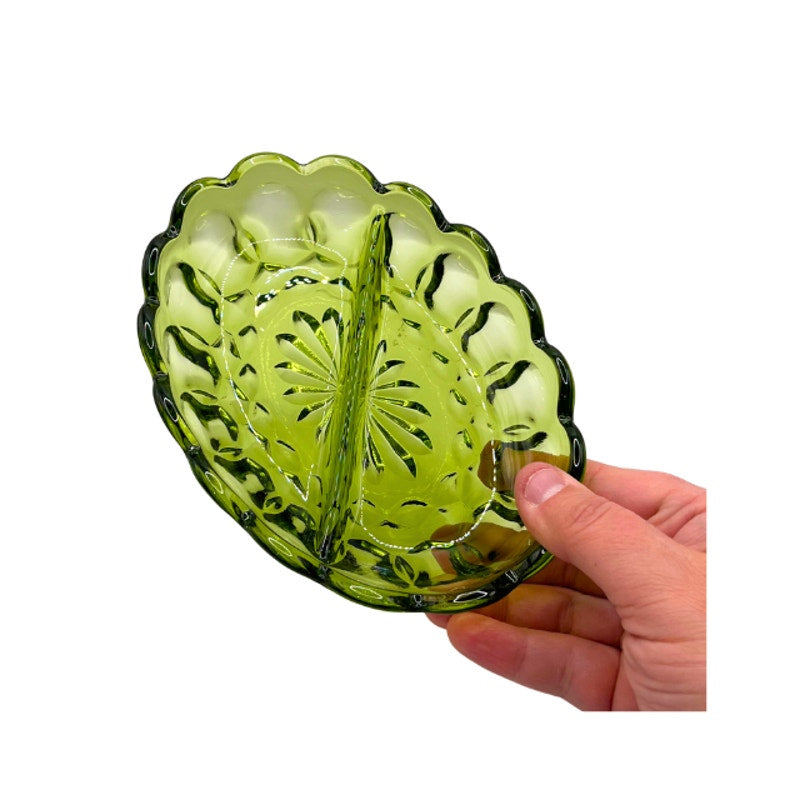 Vintage Anchor Hocking Fairfield Avocado Green Glass Oval Divided Relish Dish