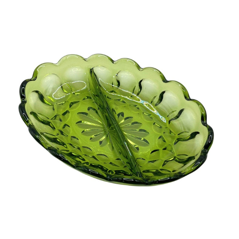Vintage Anchor Hocking Fairfield Avocado Green Glass Oval Divided Relish Dish