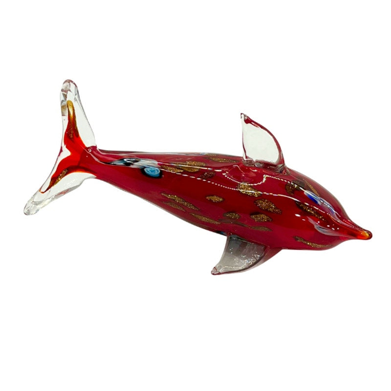 Murano Style Red Aventurine Dolphin Sculpture Blown Art Glass with Millefiori