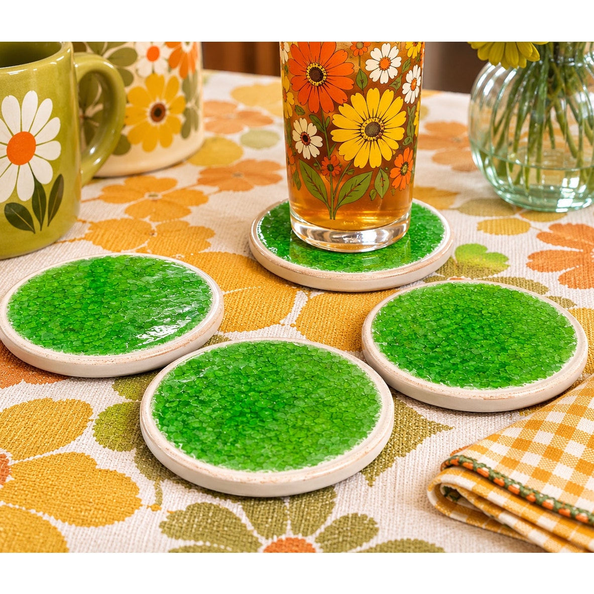 Green Crackle Glass Coasters Glazed Inlay Terracotta Set of Four 4"
