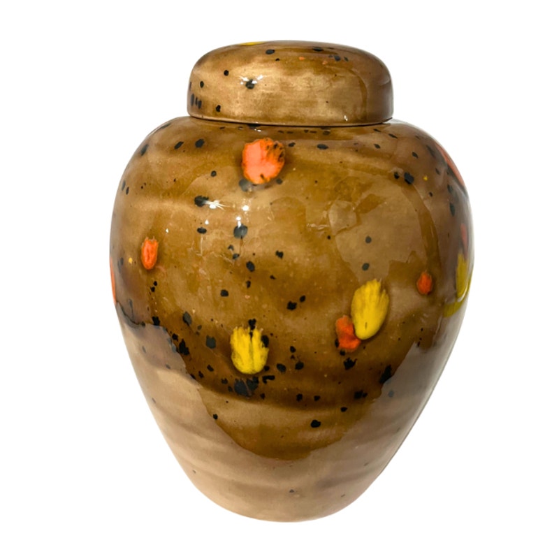 Vintage 70s Studio Pottery Lidded Jar Brown Speckled Glaze Orange Yellow Accents