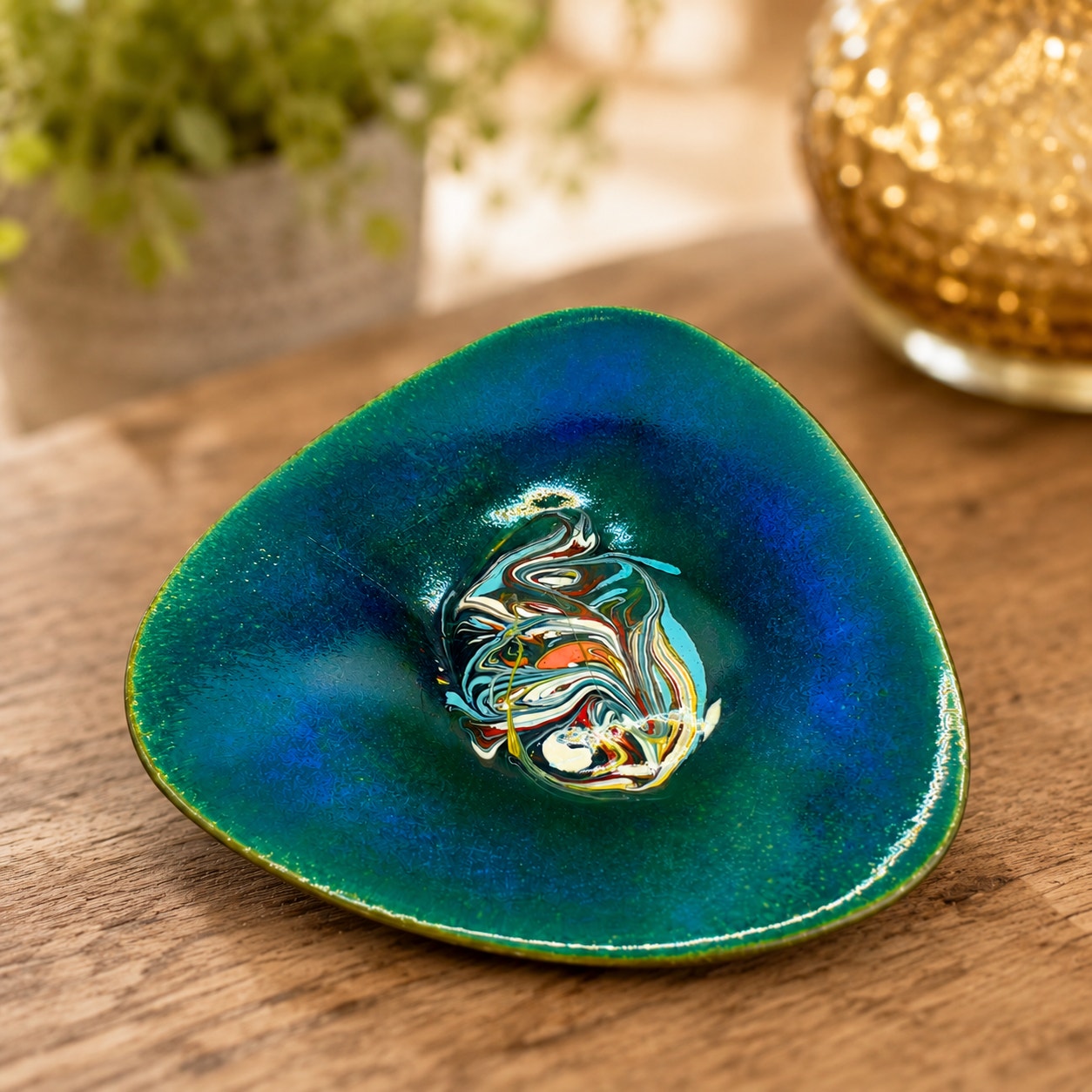Vintage Enameled Copper Dish Turquoise Blue Abstract Marbled Trinket Bowl