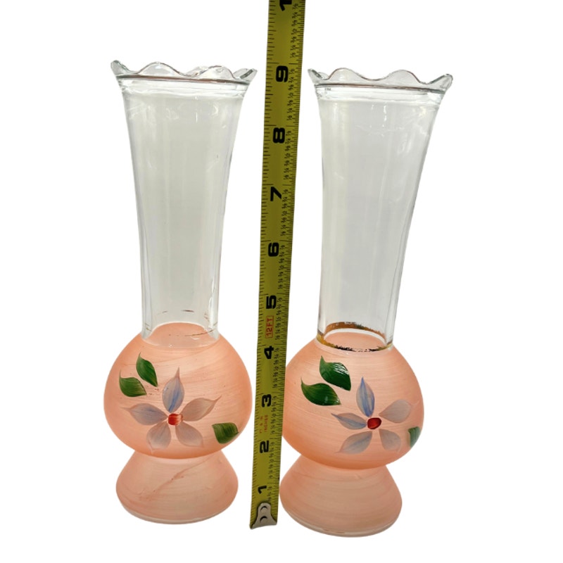 Vintage Bartlett Collins Frosted Pink Glass Vases Hand Painted Pair 9" MCM