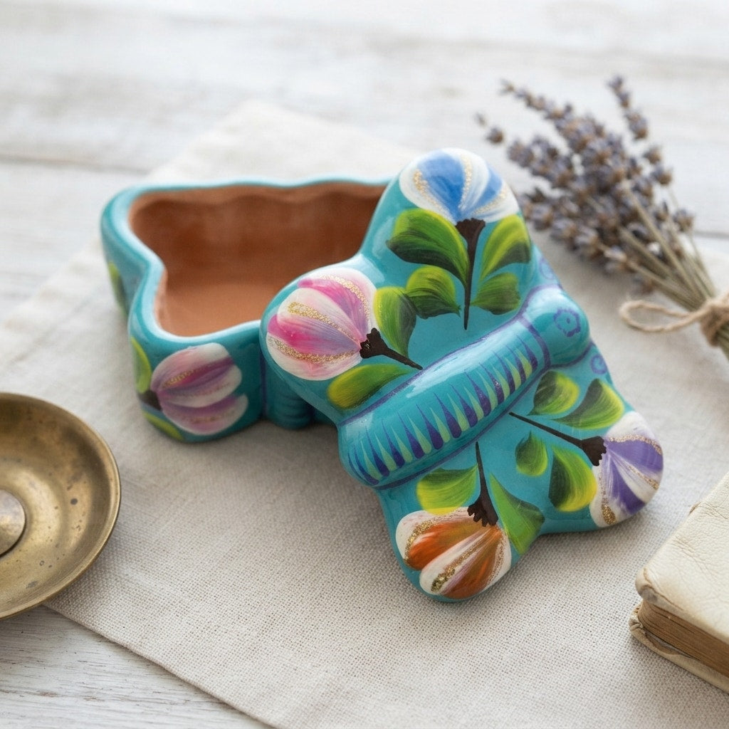 Vintage Mexican Folk Art Butterfly Pottery Trinket Box Turquoise Floral