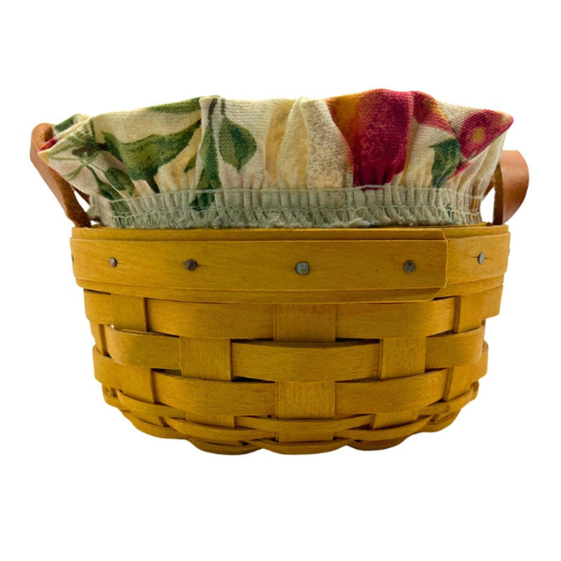 Vintage Longaberger Round Handwoven Wood Basket Leather Handles Fruit Liner