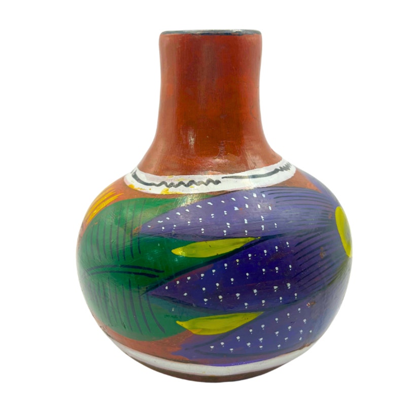 Vintage Mexican Terracotta Water Jug Hand Painted Floral Folk Art Approx. 6"