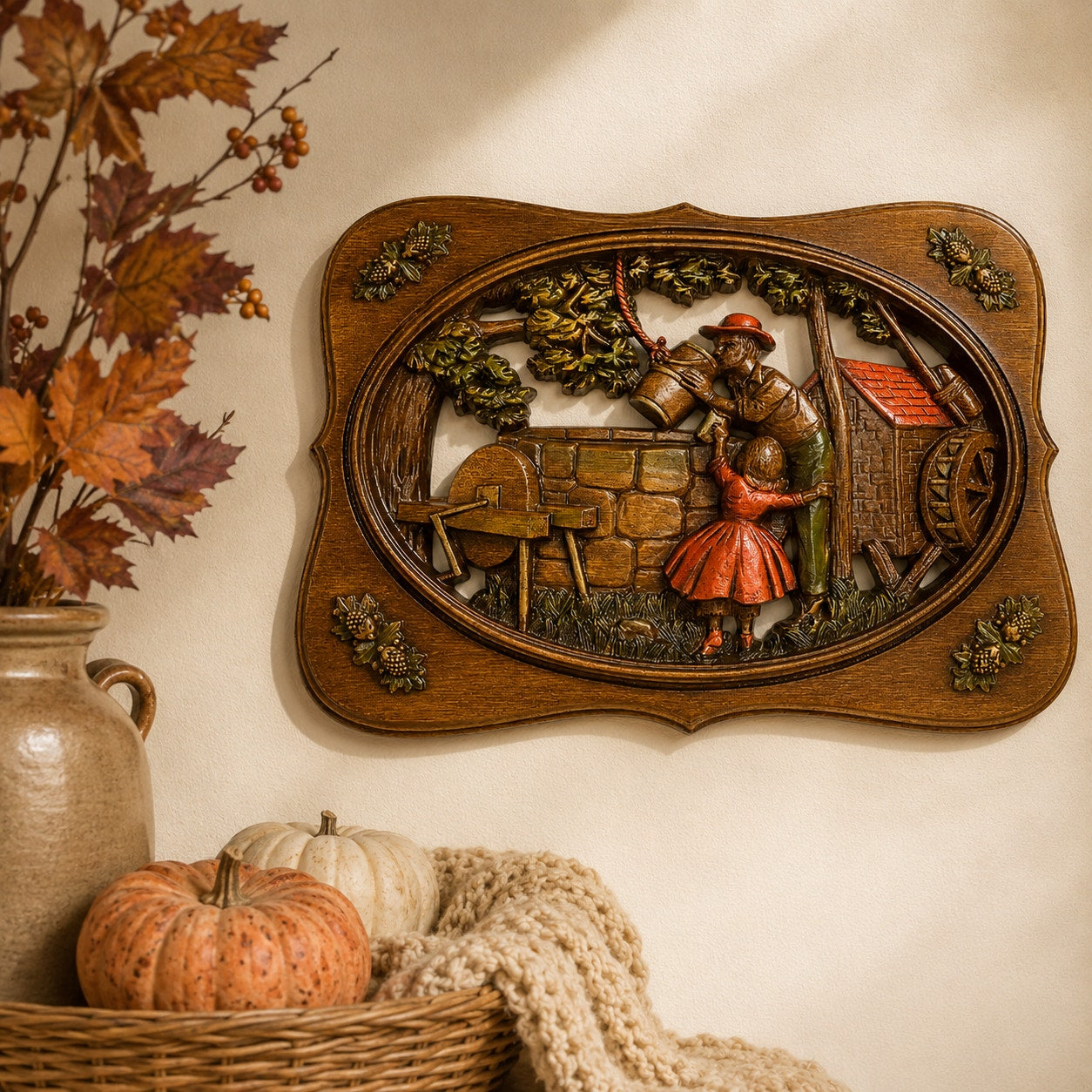 Vintage Burwood Products 3D Wall Plaque Wishing Well Cottage Mid Century 1970s