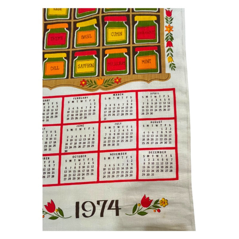 Vintage 1974 Spice Rack Calendar Tea Towel Herb Kitchen Wall Hanging Linen