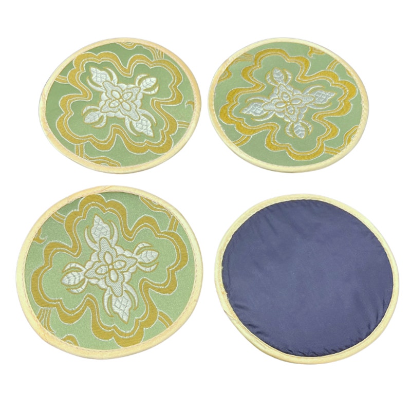 Vintage Chinese Embroidered Coaster Set 4 Green Gold Motifs Original Sleeve