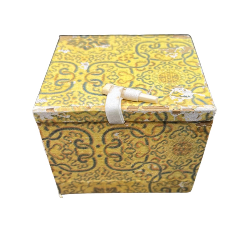 Vintage Chinese Porcelain Floral Mustard Pot Lid Wooden Spoon and Box