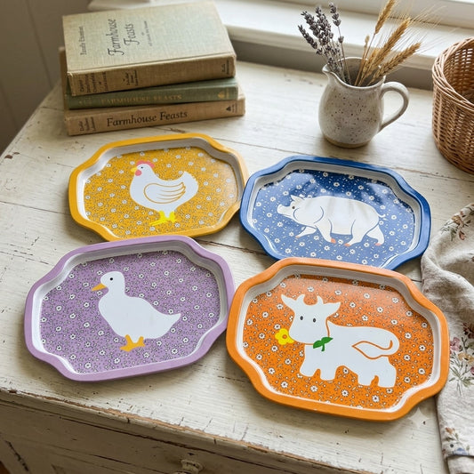 Vintage Farm Animal Small Trays Set of 4 Calico Floral Kitsch Country Kitchen