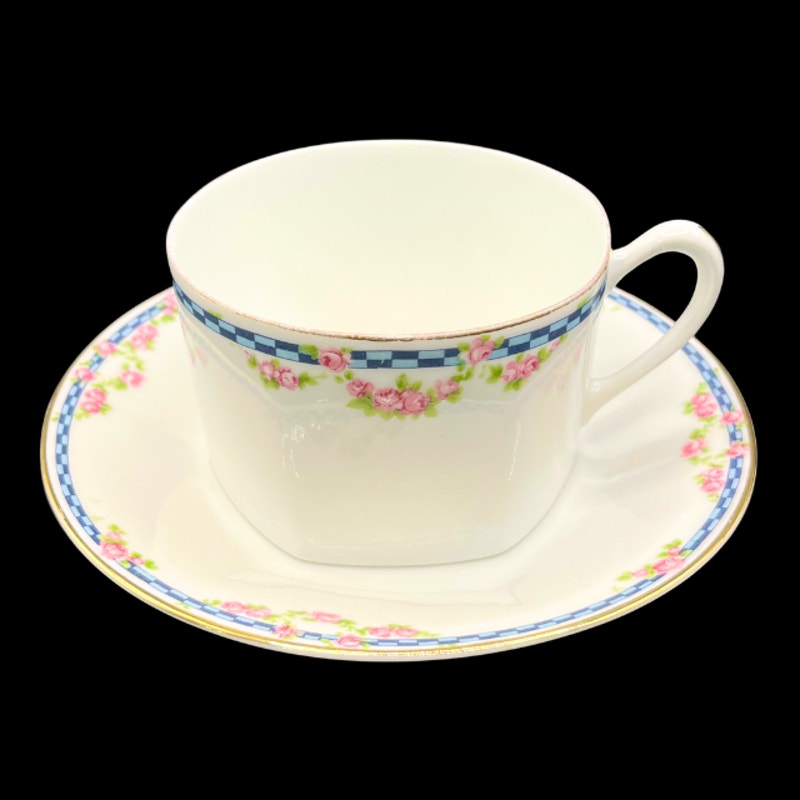 Antique French Limoges Tea Set Blue Ginham Pink Rose  19Pc  Charles Ahrenfeldt