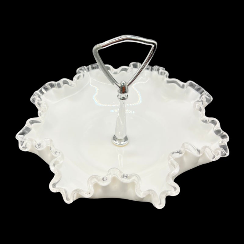 Fenton Silver Crest Milk Glass 8 Inch Handled Bonbon Dish Ruffled Edge