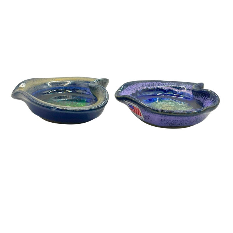 Vintage Down to Earth Heart Shaped Ceramic Melted Glass Dishes Set of 2 USA